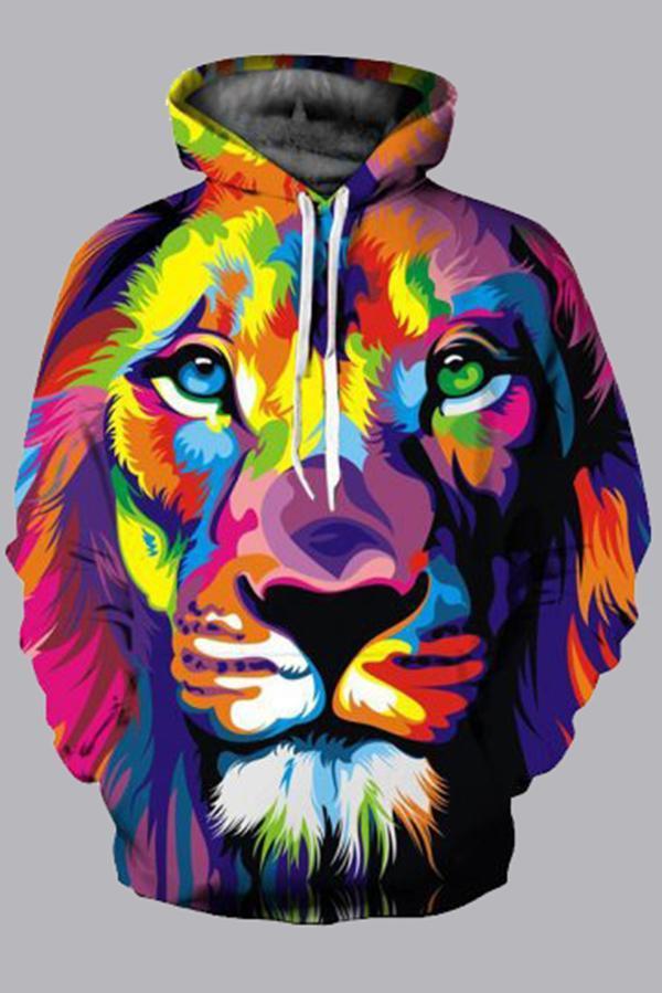 Street 3D Multicolor Digital Lion Printed Hooded Sweatshirt