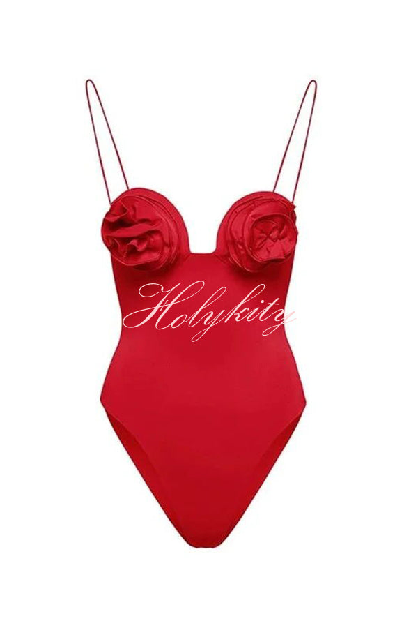 Three Dimensional Floral Suspender Pleated One Piece Swimsuit Set