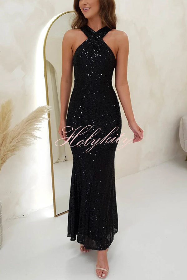 Time To Sparkle Sequin Cross Halter Neck Backless Maxi Dress