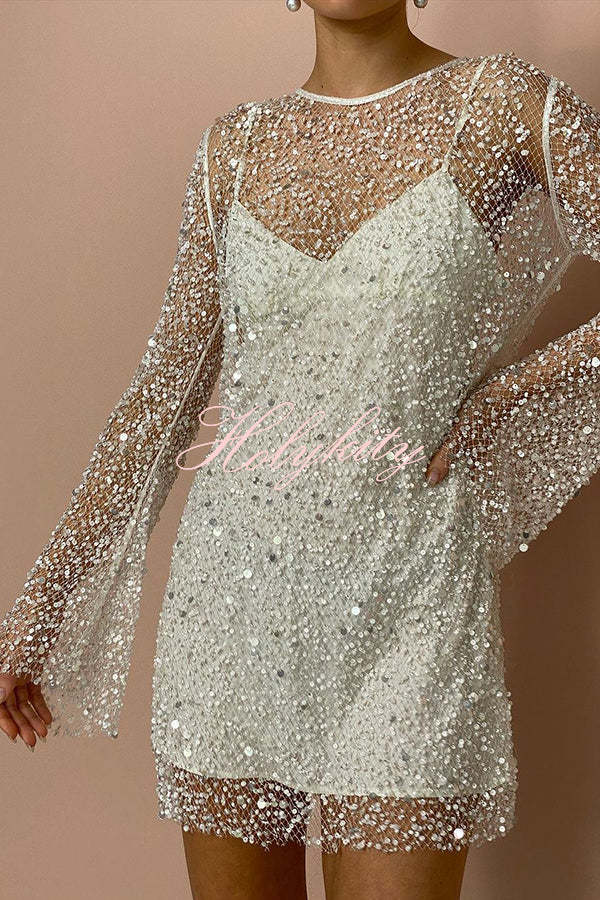 Sparkle and Shine Sequins and Pearls Fabric Mini Dress with Separate Slip