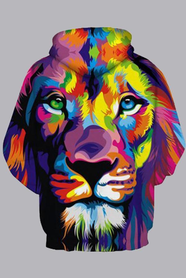 Street 3D Multicolor Digital Lion Printed Hooded Sweatshirt