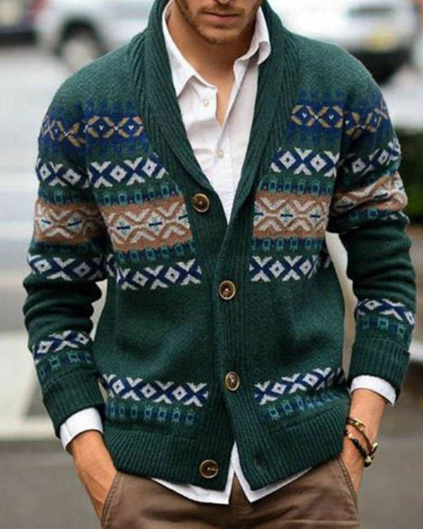 Retro Lapel Jacquard Sweater Cardigan