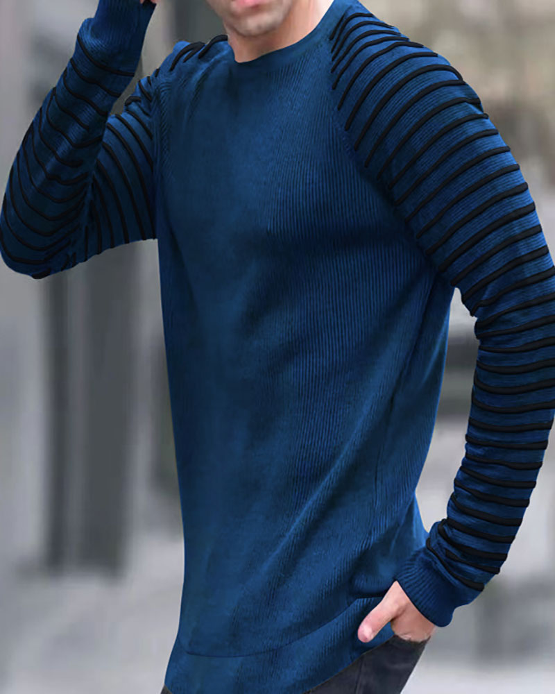 Solid Waffle Stripe Panel Long Sleeve T-Shirt