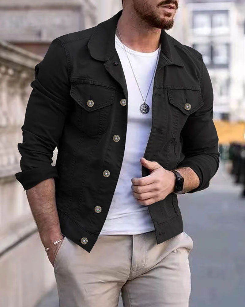 Solid Lapel Slim Denim Jacket