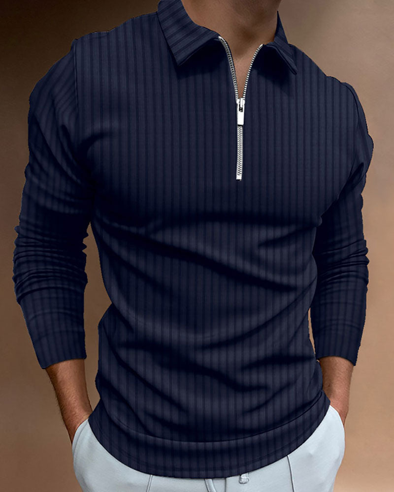 Casual Solid Striped Zipped Polo Shirt