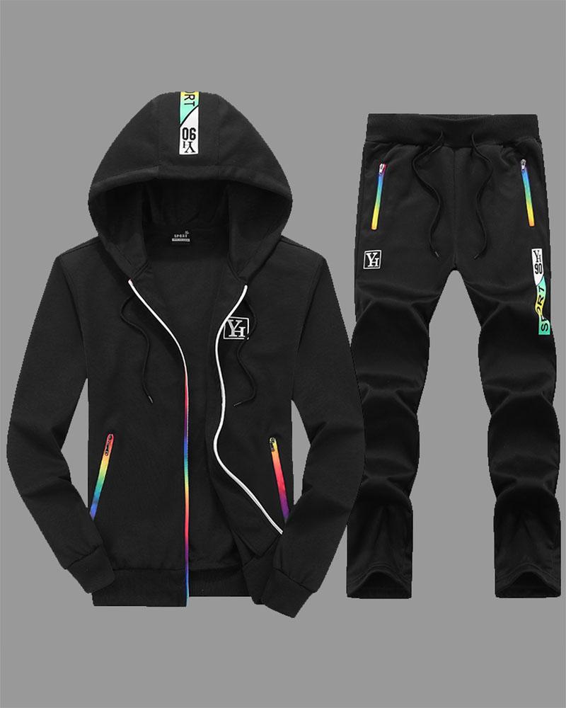 Color Striped Zipper Hooded Casual Sports Two-piece Suit