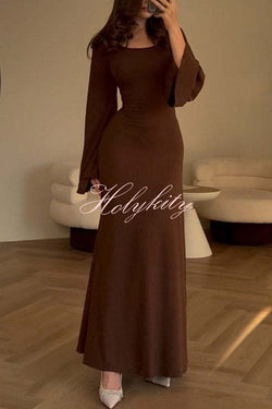 Comfortable Elegance Ribbed Bell Long Sleeve Stretch Maxi Dress