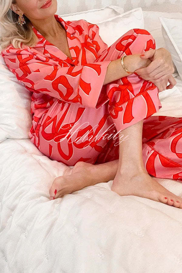 Give You A Surprise Gift Bow Printed Elastic Waist Pocketed Pajama Set