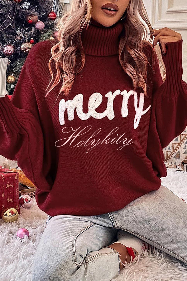 Happy Holidays Contrast Love Letter Turtle Neck Bat Sleeve Sweater