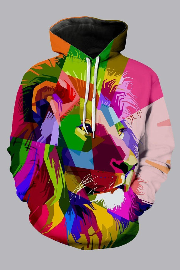Street 3D Multicolor Digital Lion Printed Hooded Sweatshirt