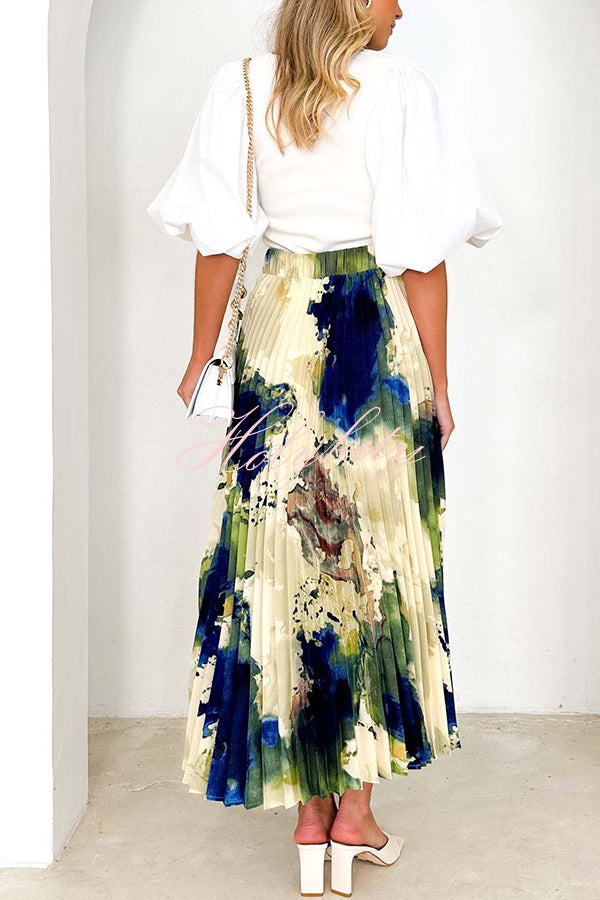 Abstract Art Paint Print Stretch Waist Pleated Skirts