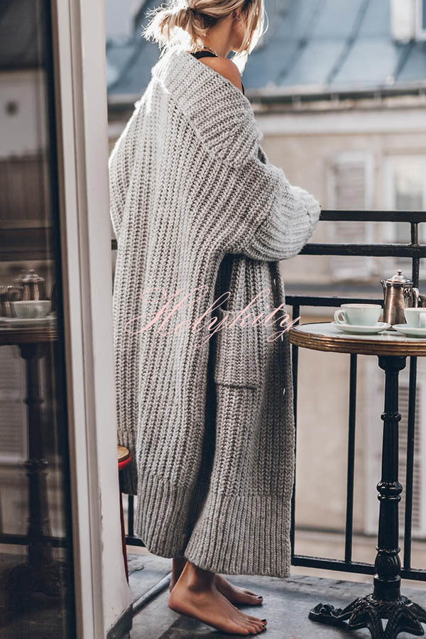 Chunky and Warm Knit Button Pocketed Oversized Midi Cardigan