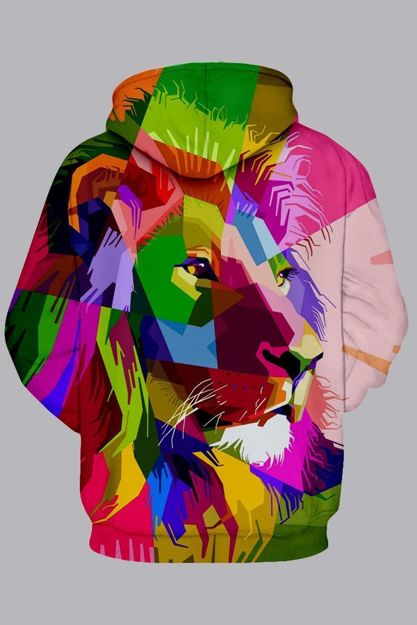 Street 3D Multicolor Digital Lion Printed Hooded Sweatshirt