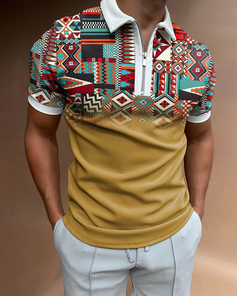 Casual Printed Panel Polo Shirt