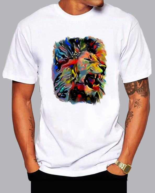 Men's street style rainbow lion head trend short sleeve T-shirt