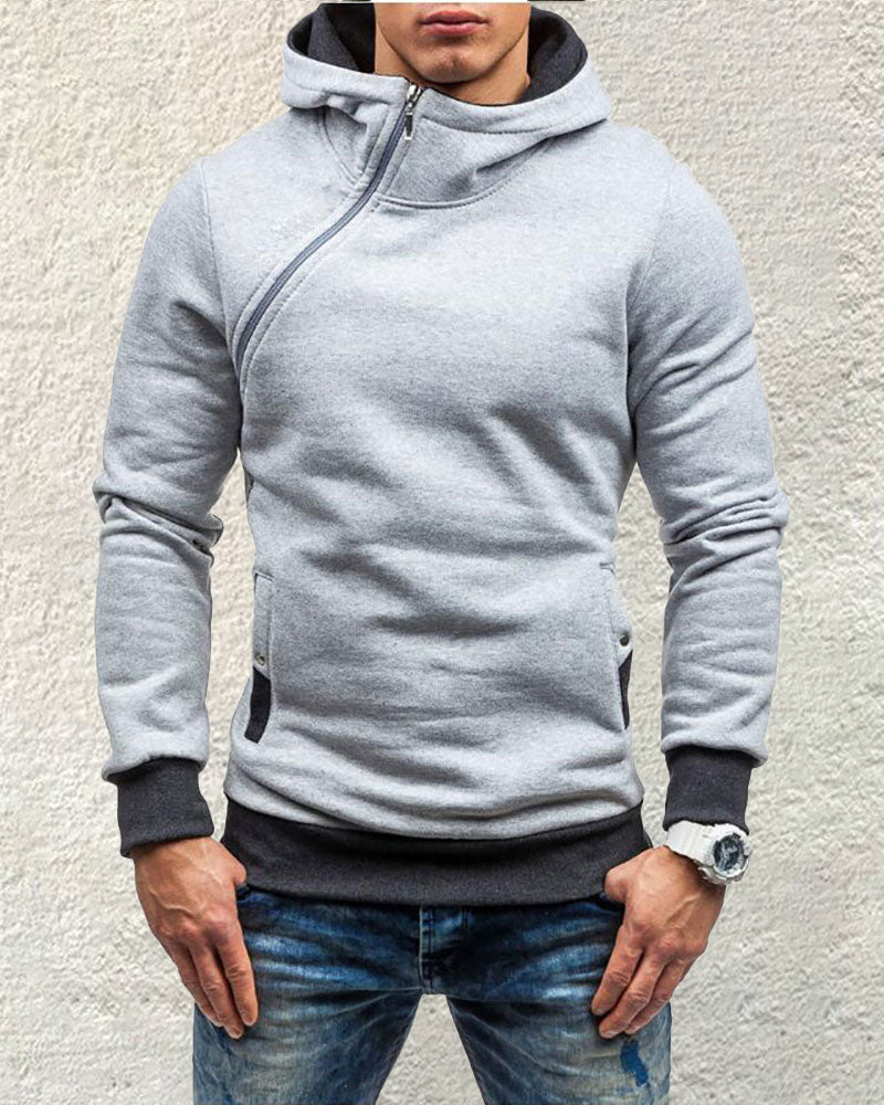 Fashion Diagonal Zip Hooded Sweatshirt