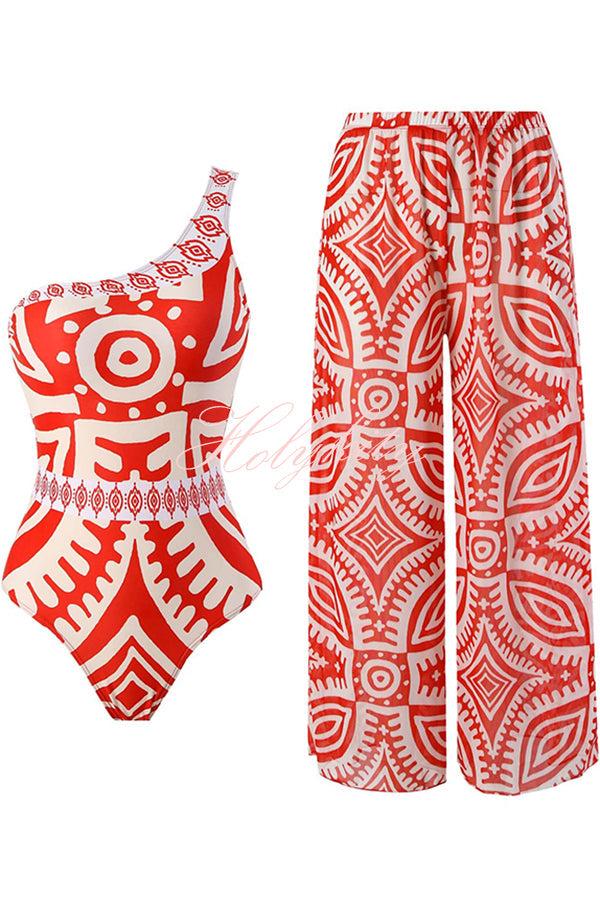 Unique printed swimsuit and elastic waist pants