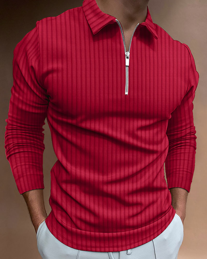 Casual Solid Striped Zipped Polo Shirt