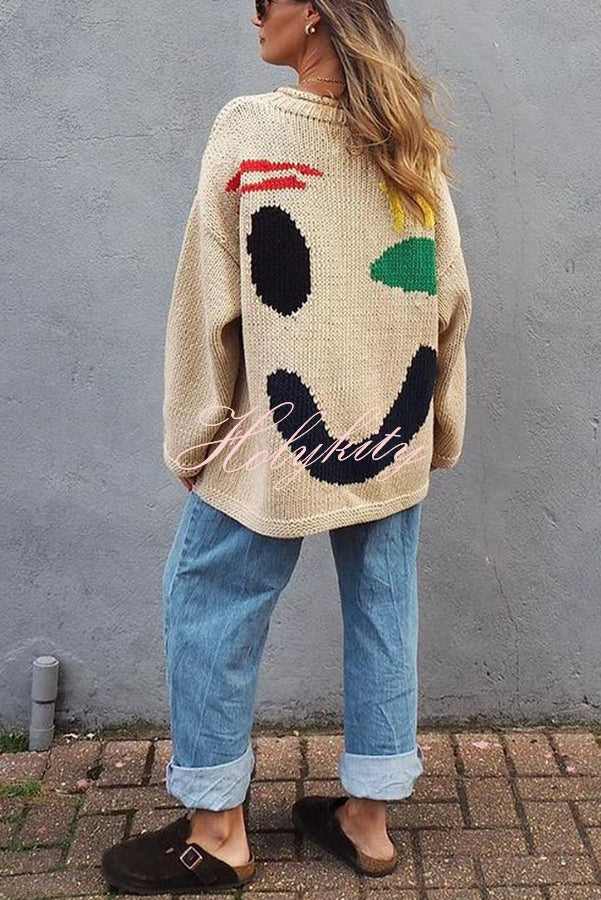 Feel Good Knit Colorful Smiley Face Loose Pullover Sweater