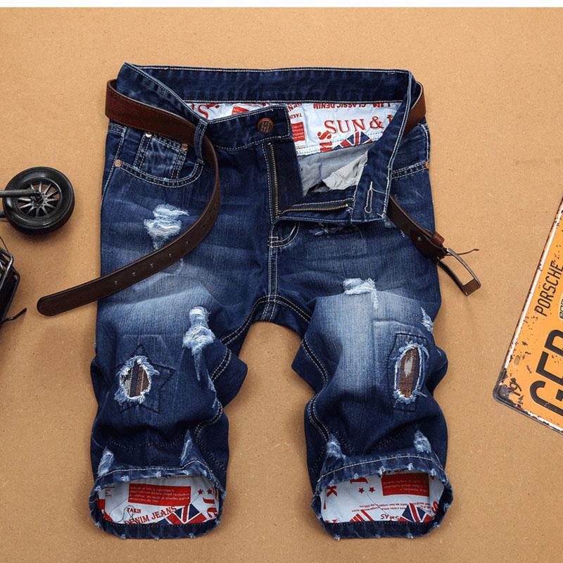 Denim straight slim five-quarter pants