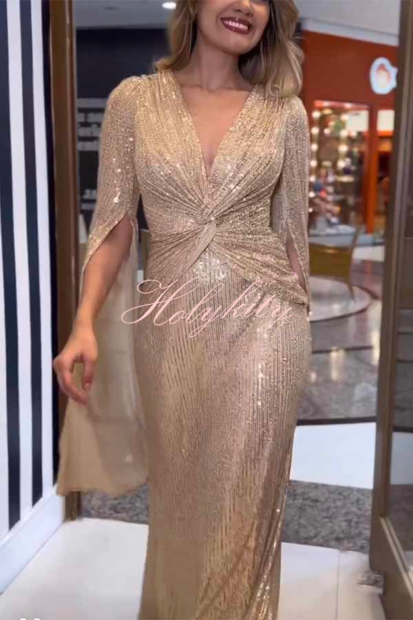 Shine Brighter Sequin Cape Sleeve Cross Waist Evening Maxi Dress