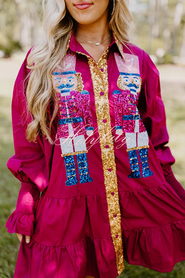 Nutcracker Sequined Button Down Long Sleeve Mini Dress