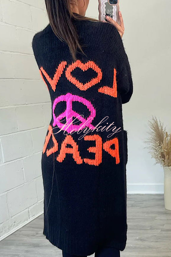 Neon Love Peace Chunky Knit Pocket Straight Midi Cardigan