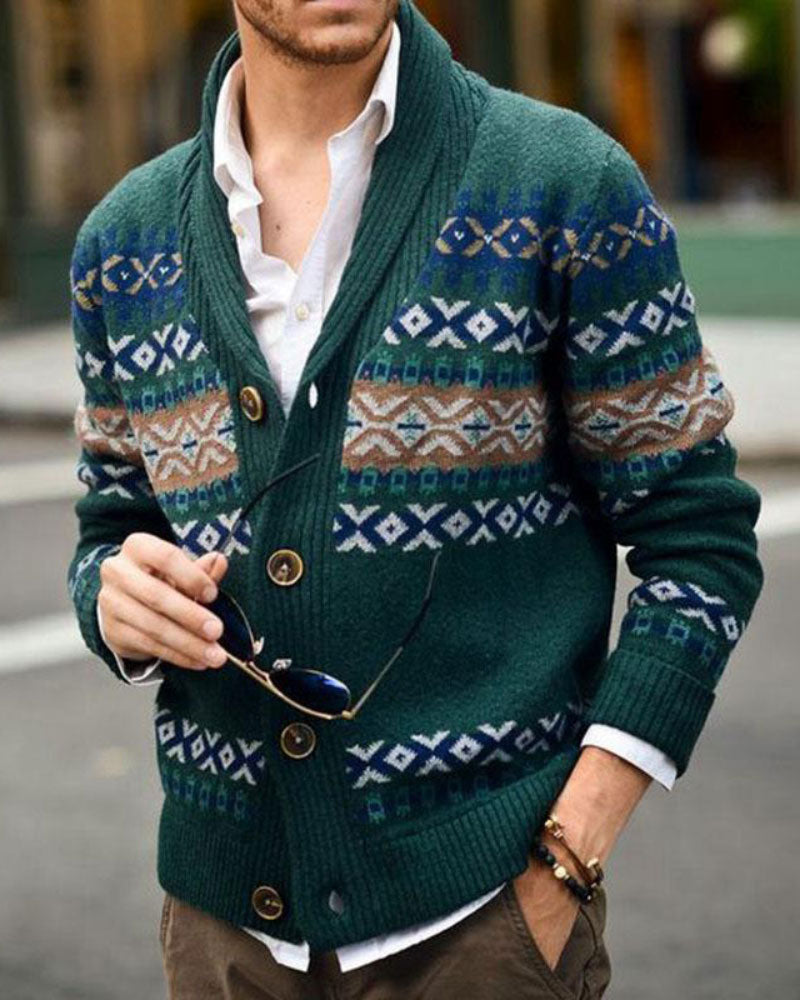 Retro Lapel Jacquard Sweater Cardigan