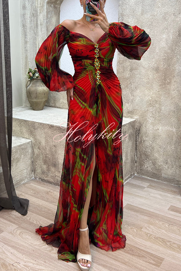 Sunset Serenade Printed Off Shoulder Diamond Embellished Pleated Slit Maxi Dress