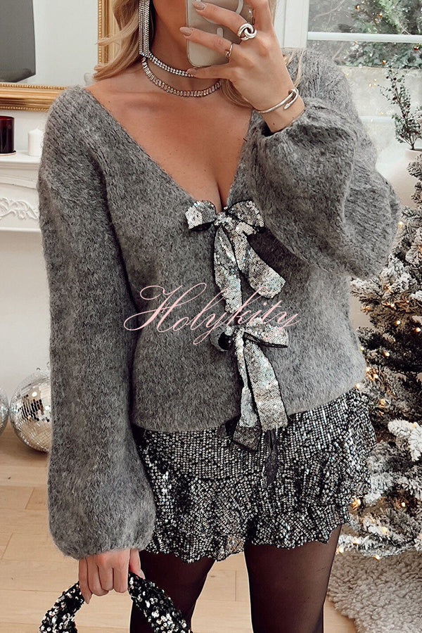 Misty Starlight Tie Front Sequin Bow Loose Sweater