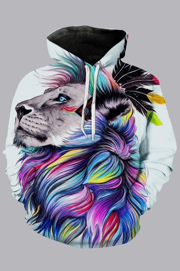 Street 3D Multicolor Digital Lion Printed Hooded Sweatshirt