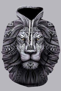 Street 3D Gray  Digital Lion Printed Hooded Sweatshirt