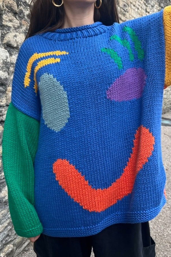 Feel Good Knit Colorful Smiley Face Loose Pullover Sweater