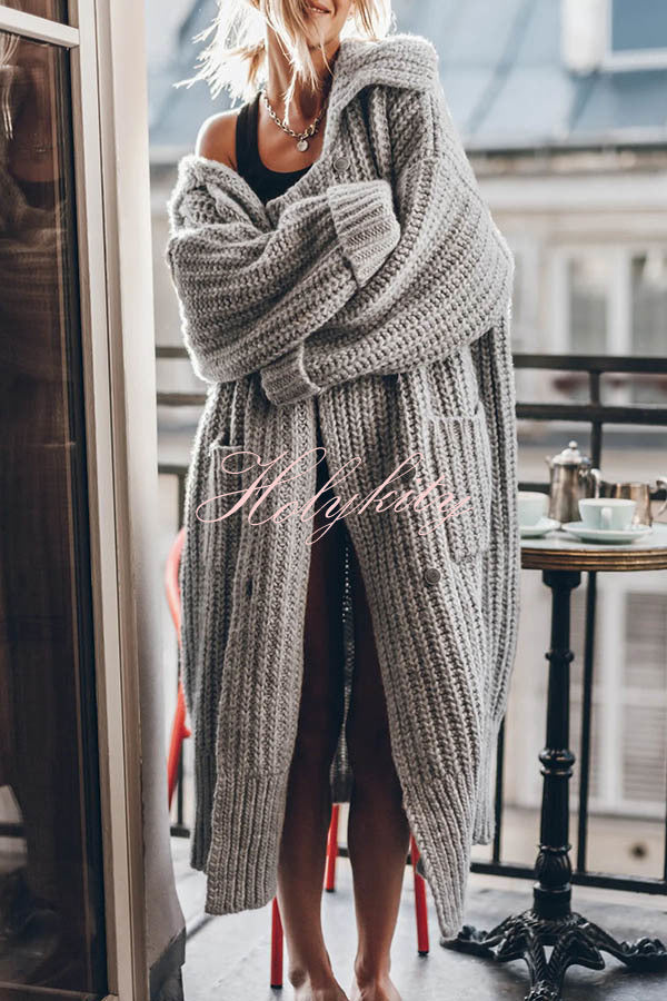 Chunky and Warm Knit Button Pocketed Oversized Midi Cardigan