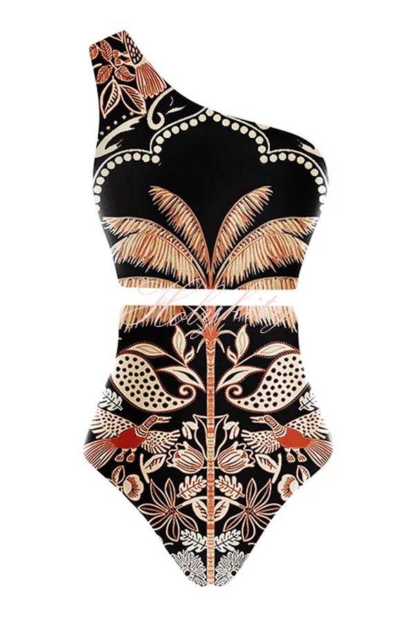 Palm Tree Bird Print Color Block High Waist Bikini And Skirt