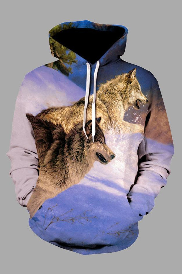 Street 3D Snow Mountain Wolf Print Hooded Sweatshirt