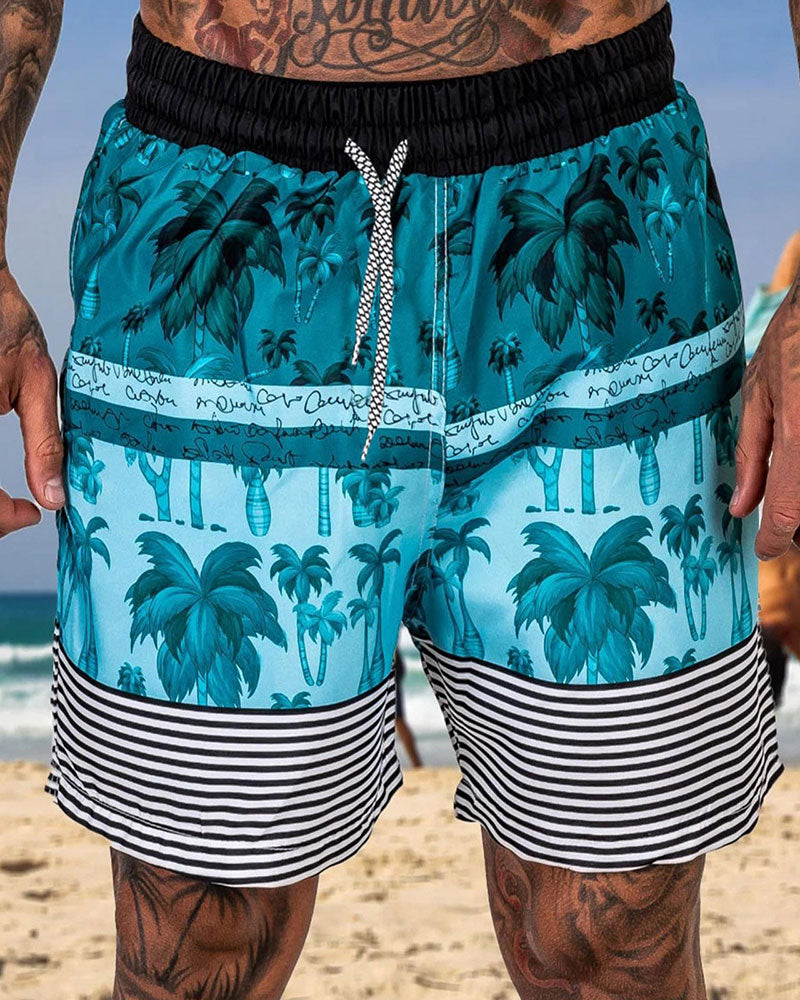 Trendy Coconut Stripe Print Beach Shorts