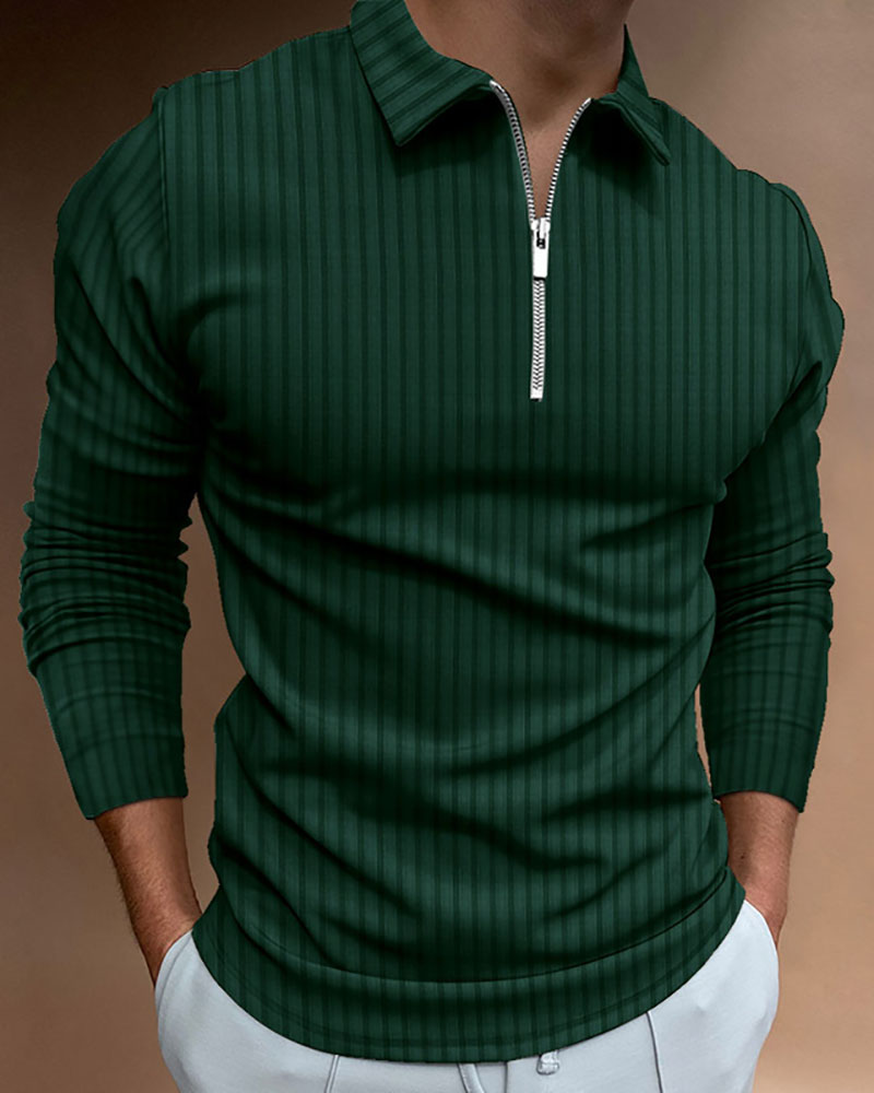 Casual Solid Striped Zipped Polo Shirt