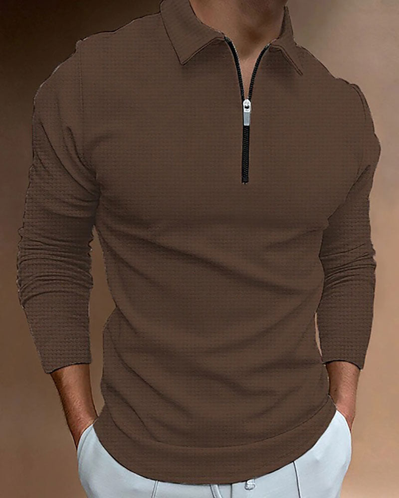 Casual Solid Waffle Zipped Polo Shirt