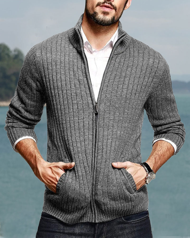 Casual Solid Zip Sweater Cardigan