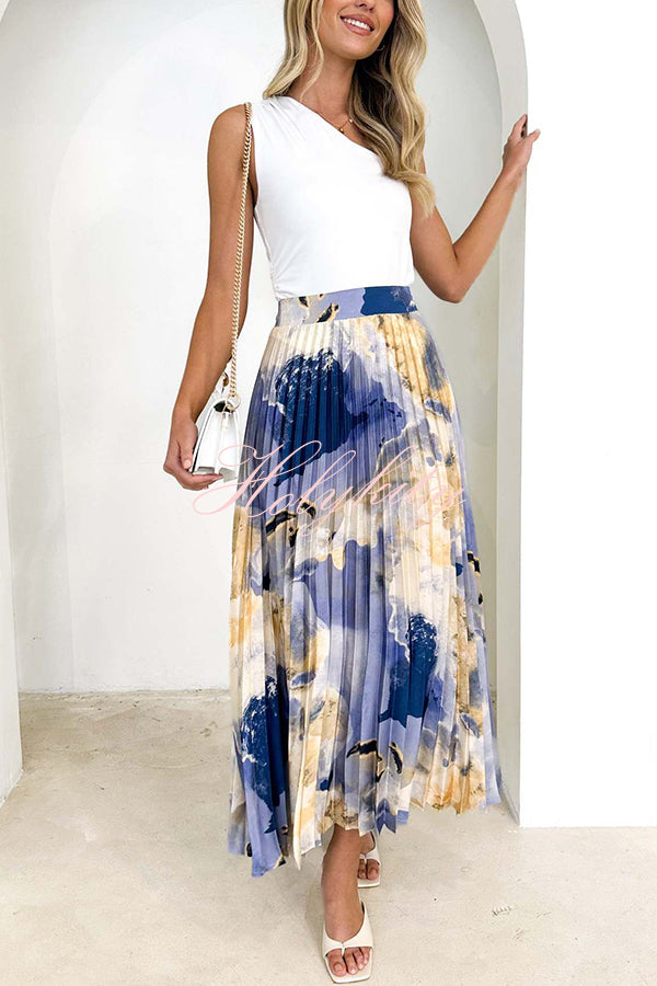 Abstract Art Paint Print Stretch Waist Pleated Skirts