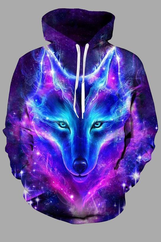 Street 3D multicolor wolf print hooded sweatshirt