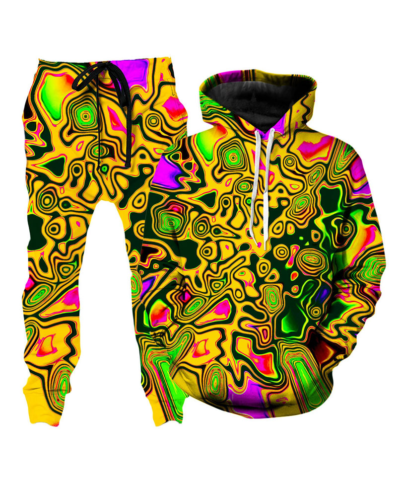 3D Street  Abstract Print Hooded Two-piece Suit
