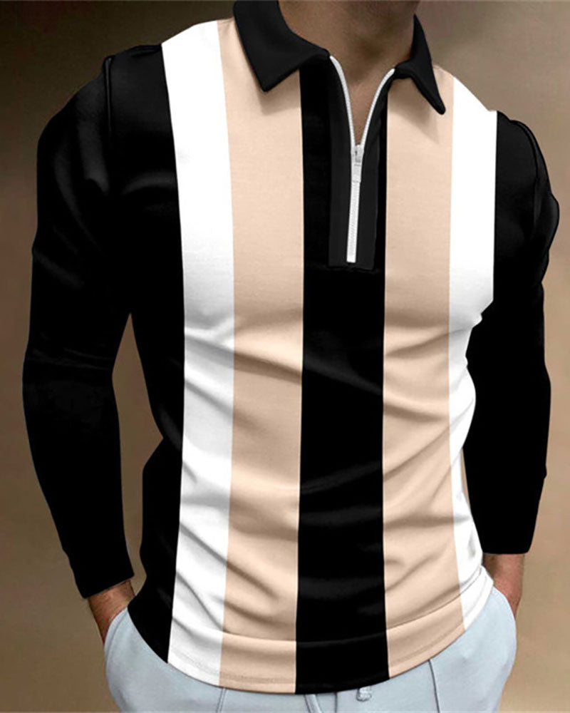 Casual Striped Zipped Polo Shirt