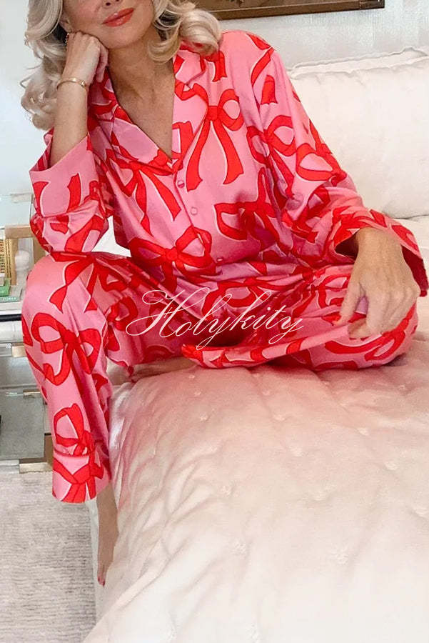 Give You A Surprise Gift Bow Printed Elastic Waist Pocketed Pajama Set