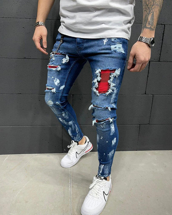All-match Washed Ripped Plaid Stitching Jeans