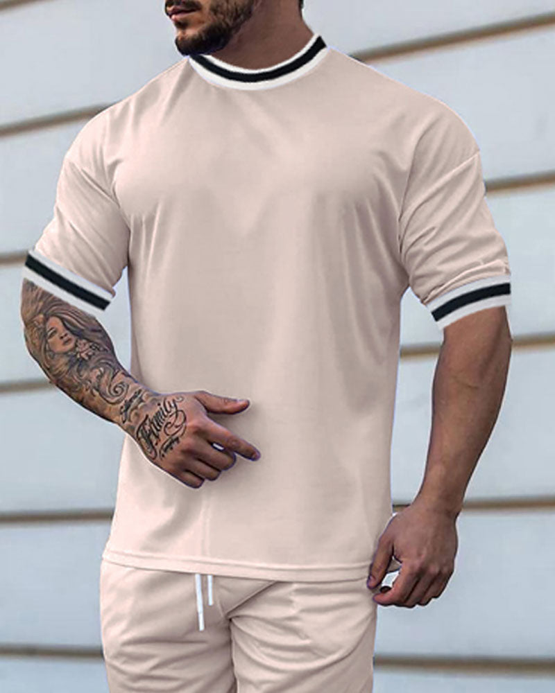 Casual Round Neck Color Contrast Stitching T-shirt