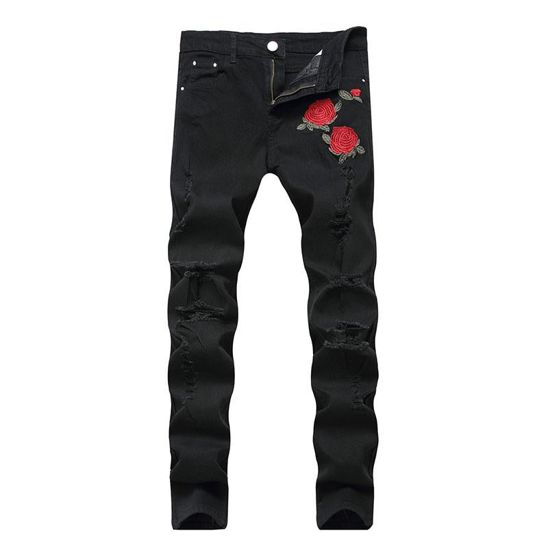 Slim-fit Stretch Jeans with Embroidered Roses