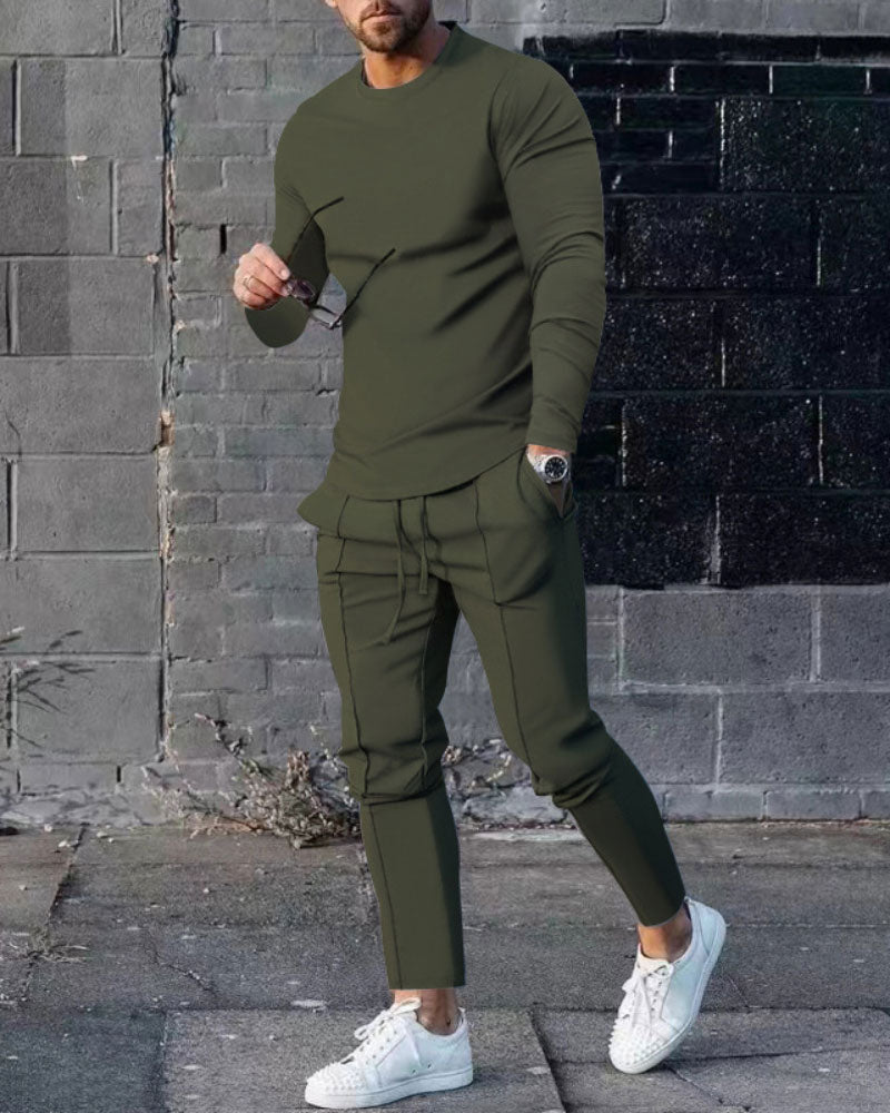 Casual Solid Color Crew Neck Sports Suit