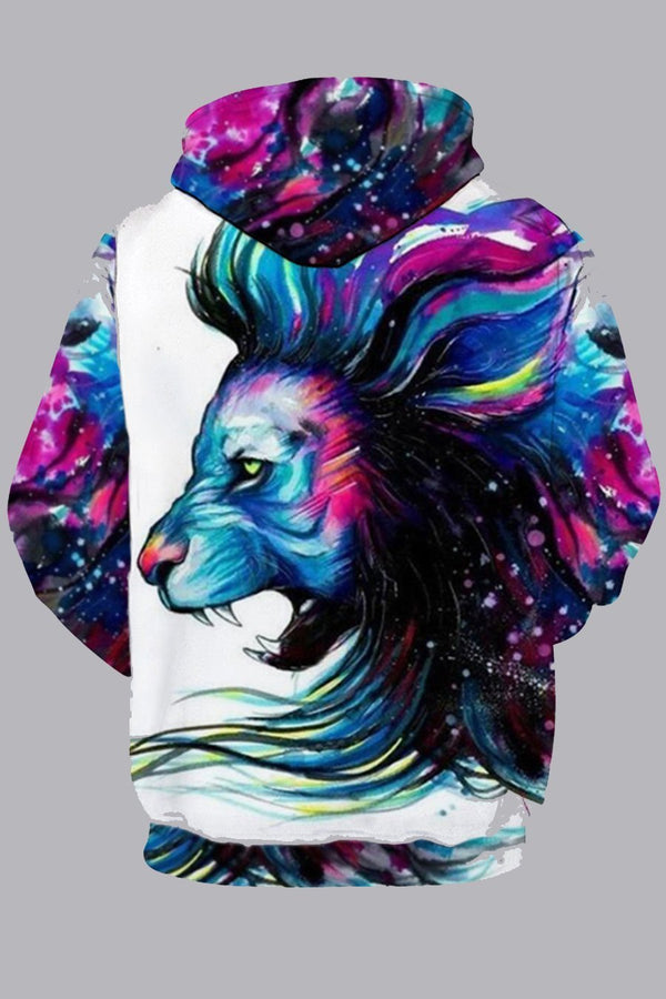 Street 3D Multicolor Digital Lion Printed Hooded Sweatshirt